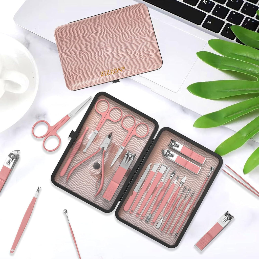 Maniküre-Set 18 in 1 Professionelles Pediküre-Set Nagelschere Grooming Kit Mit Leder Kulturbeutel in Pink