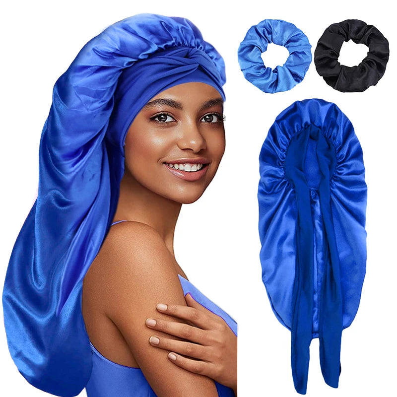 3PCS/LOT Long Tube Women Satin Bonnet Silky Elastic Night Sleeping Night Hat Beauty Salon Hair Care Hat Bathroom Cap Hair Ropes