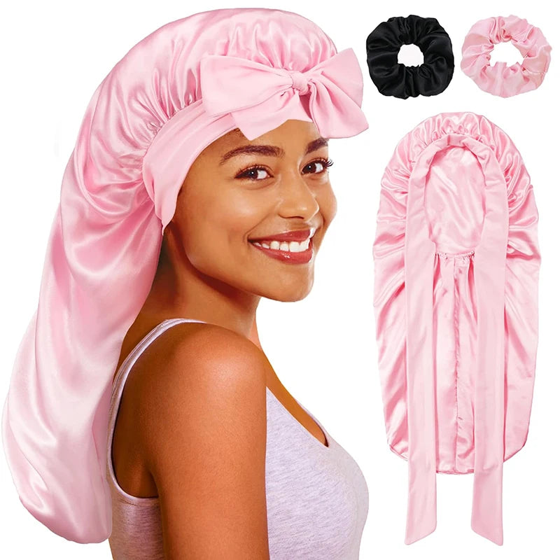 3PCS/LOT Long Tube Women Satin Bonnet Silky Elastic Night Sleeping Night Hat Beauty Salon Hair Care Hat Bathroom Cap Hair Ropes