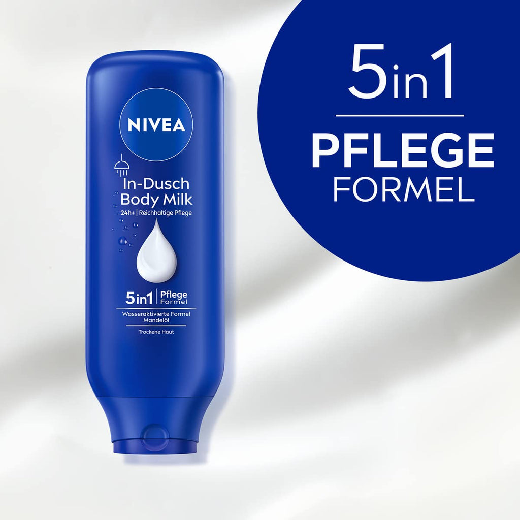 NIVEA In-Dusch Body Milk (400 Ml), Körpercreme Mit Mandel-Öl Und Wasseraktivierter 5In1 Pflege Formel, Feuchtigkeitsspendende Body Lotion Für Die Dusche