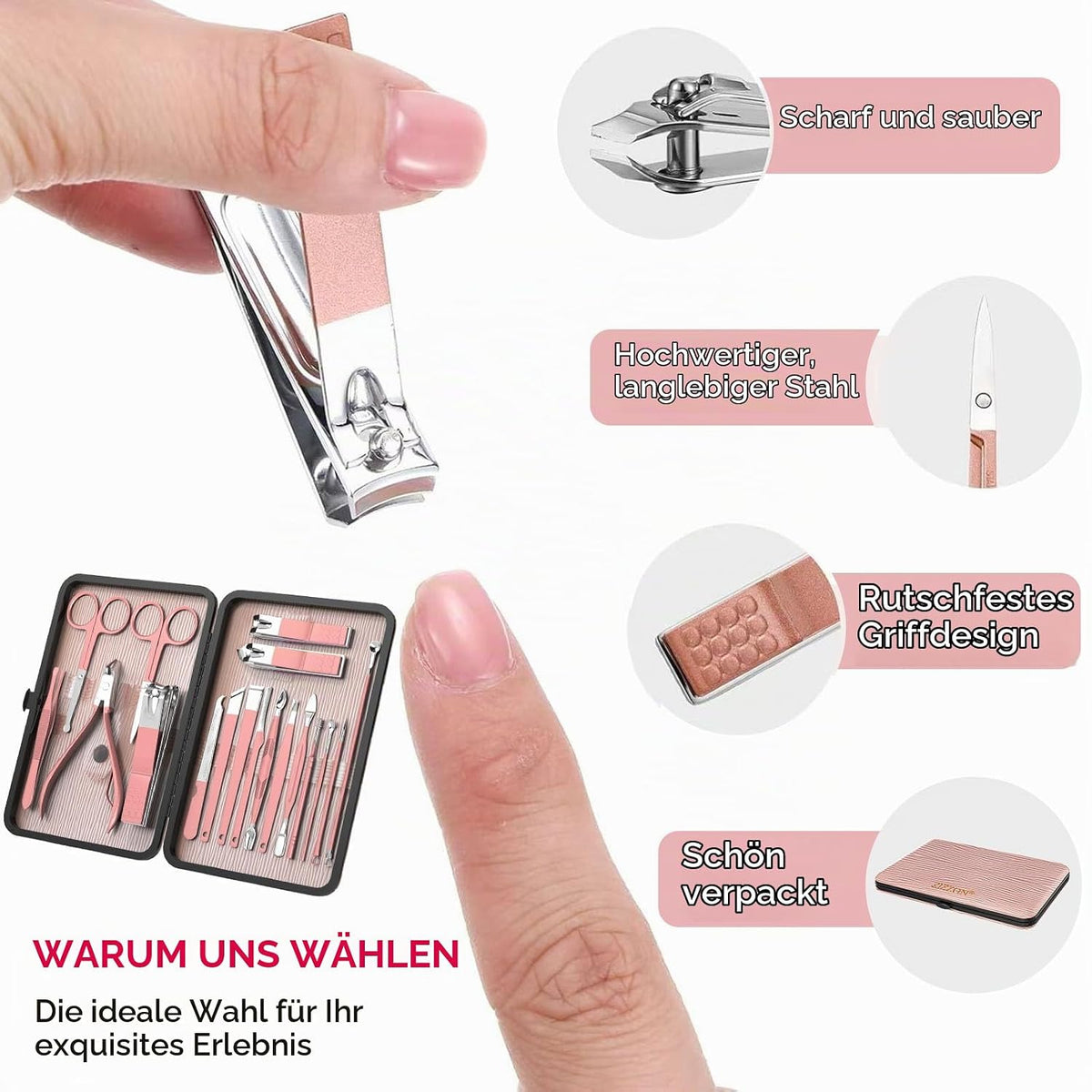 Maniküre-Set 18 in 1 Professionelles Pediküre-Set Nagelschere Grooming Kit Mit Leder Kulturbeutel in Pink