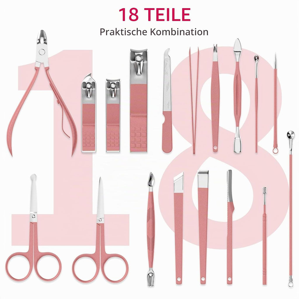 Maniküre-Set 18 in 1 Professionelles Pediküre-Set Nagelschere Grooming Kit Mit Leder Kulturbeutel in Pink