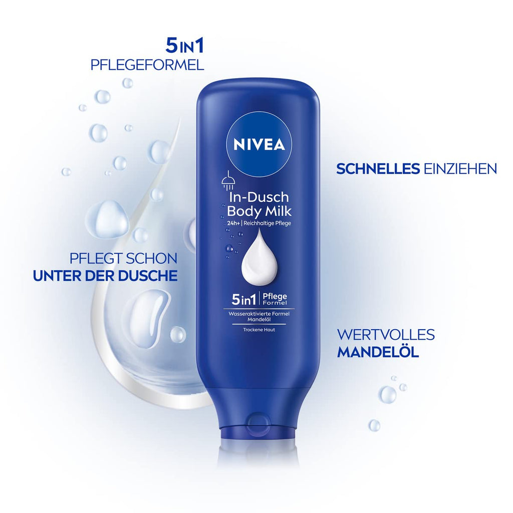 NIVEA In-Dusch Body Milk (400 Ml), Körpercreme Mit Mandel-Öl Und Wasseraktivierter 5In1 Pflege Formel, Feuchtigkeitsspendende Body Lotion Für Die Dusche